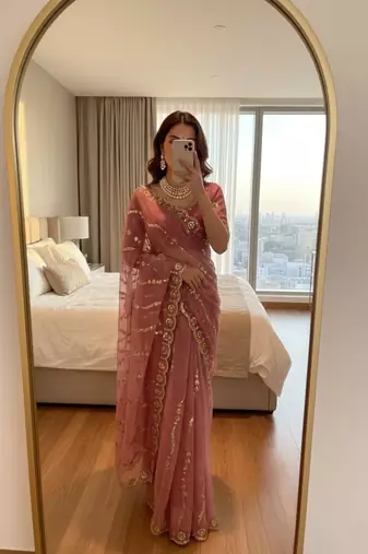 Onion Pink Color embroidery sequence Work Silk Blend Saree