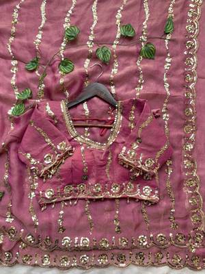 Onion Pink Color embroidery sequence Work Silk Blend Saree 4