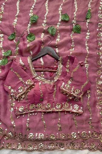 Onion Pink Color embroidery sequence Work Silk Blend Saree