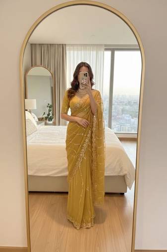 Yellow Color embroidery sequence Work Silk Blend Saree