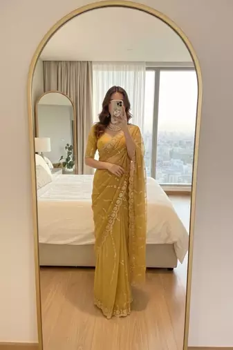 Yellow Color embroidery sequence Work Silk Blend Saree