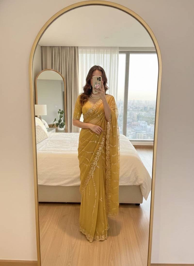 Yellow Color embroidery sequence Work Silk Blend Saree