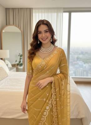 Yellow Color embroidery sequence Work Silk Blend Saree 2