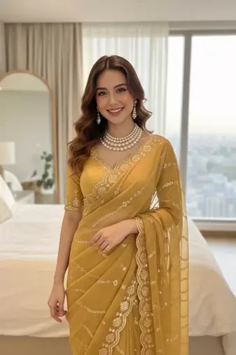 Yellow Color embroidery sequence Work Silk Blend Saree