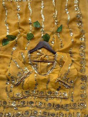 Yellow Color embroidery sequence Work Silk Blend Saree 4