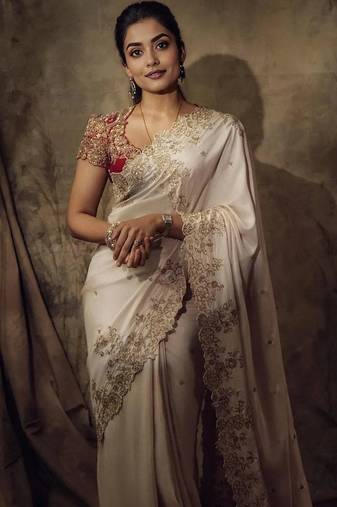 white sequin embroidery rangoli silk saree