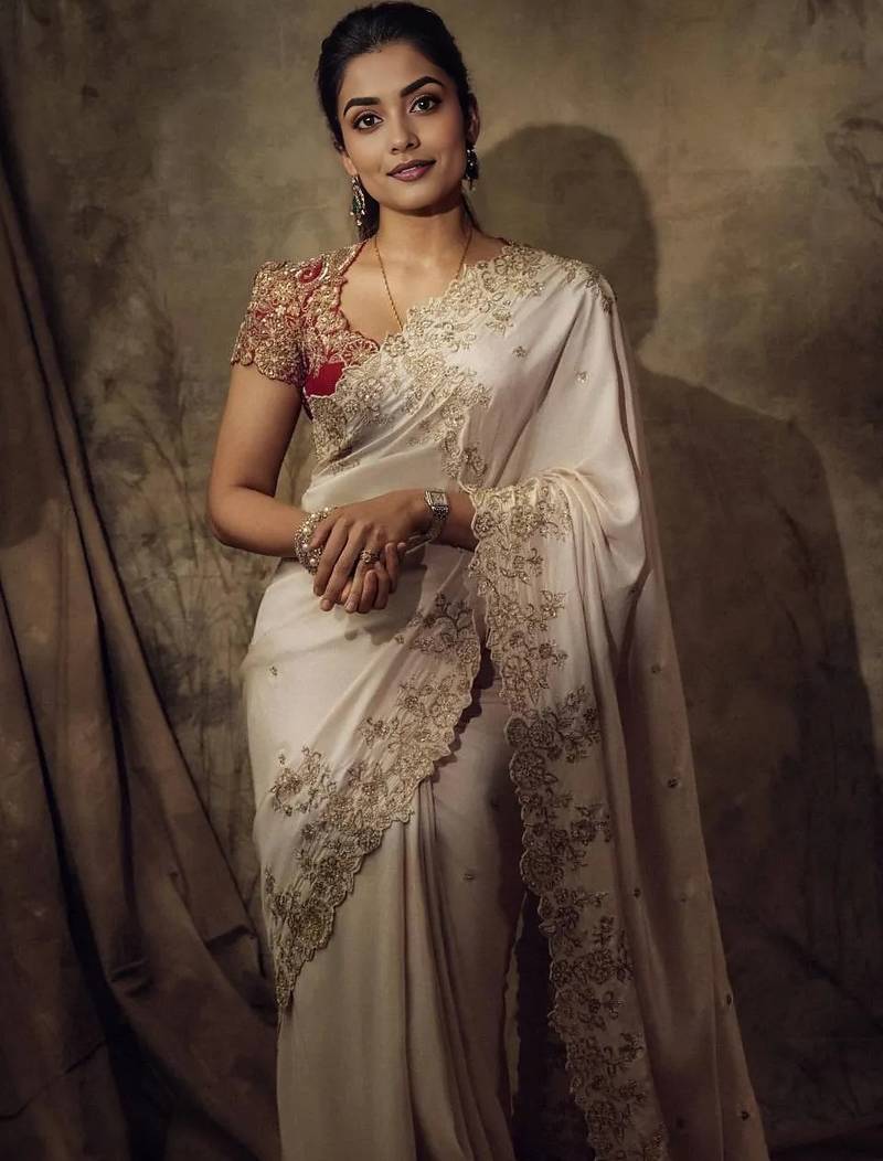 white sequin embroidery rangoli silk saree