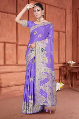 Traditional Lavender Satin silk blend Saree with Peacock Motifs & Rich Pallu