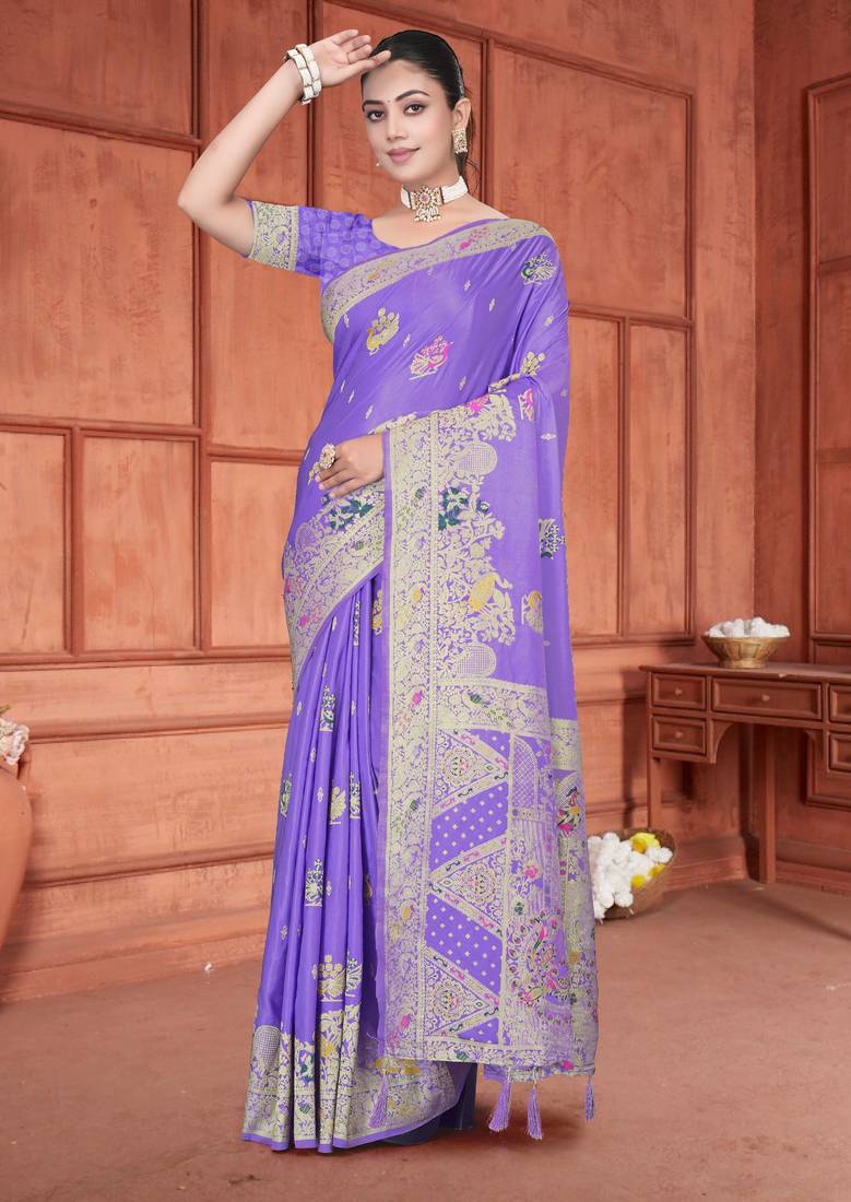 Traditional Lavender Satin silk blend Saree with Peacock Motifs & Rich Pallu