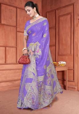 Traditional Lavender Satin silk blend Saree with Peacock Motifs & Rich Pallu 2