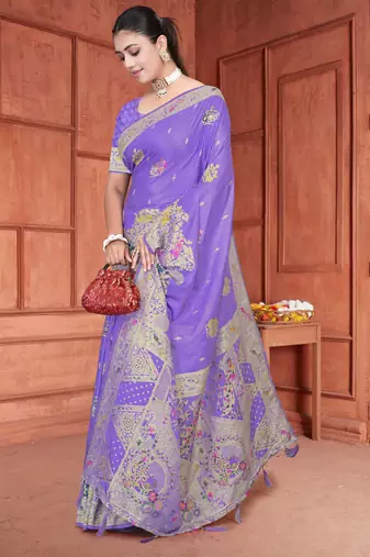 Traditional Lavender Satin silk blend Saree with Peacock Motifs & Rich Pallu