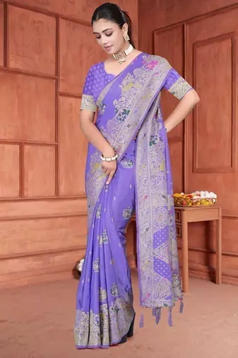 Traditional Lavender Satin silk blend Saree with Peacock Motifs & Rich Pallu