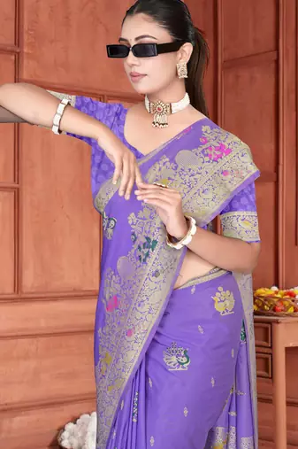 Traditional Lavender Satin silk blend Saree with Peacock Motifs & Rich Pallu