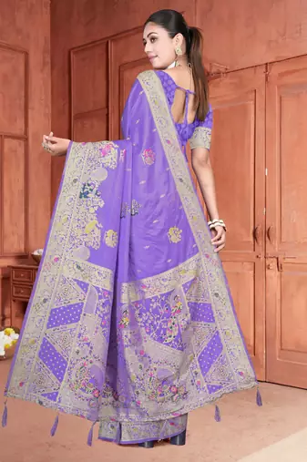 Traditional Lavender Satin silk blend Saree with Peacock Motifs & Rich Pallu