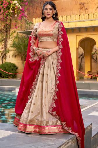 Cream Zari Weaving Silk Wedding Wear Lehenga Choli