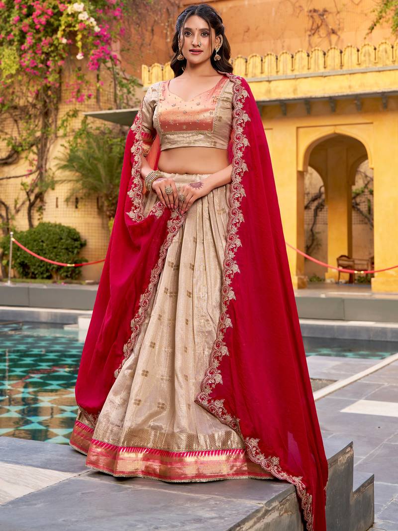 Fashionable Cream Zari Weaving Silk Wedding Wear Lehenga Choli