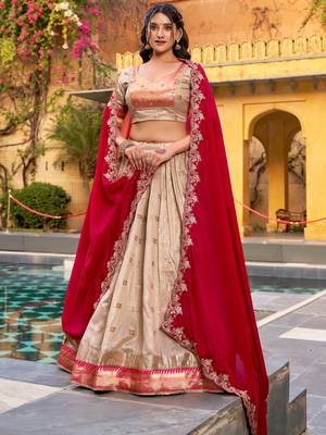 Cream Zari Weaving Silk Wedding Wear Lehenga Choli 1