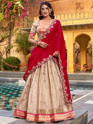 Cream Zari Weaving Silk Wedding Wear Lehenga Choli 2