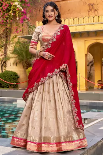 Cream Zari Weaving Silk Wedding Wear Lehenga Choli