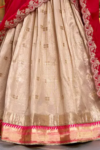 Cream Zari Weaving Silk Wedding Wear Lehenga Choli