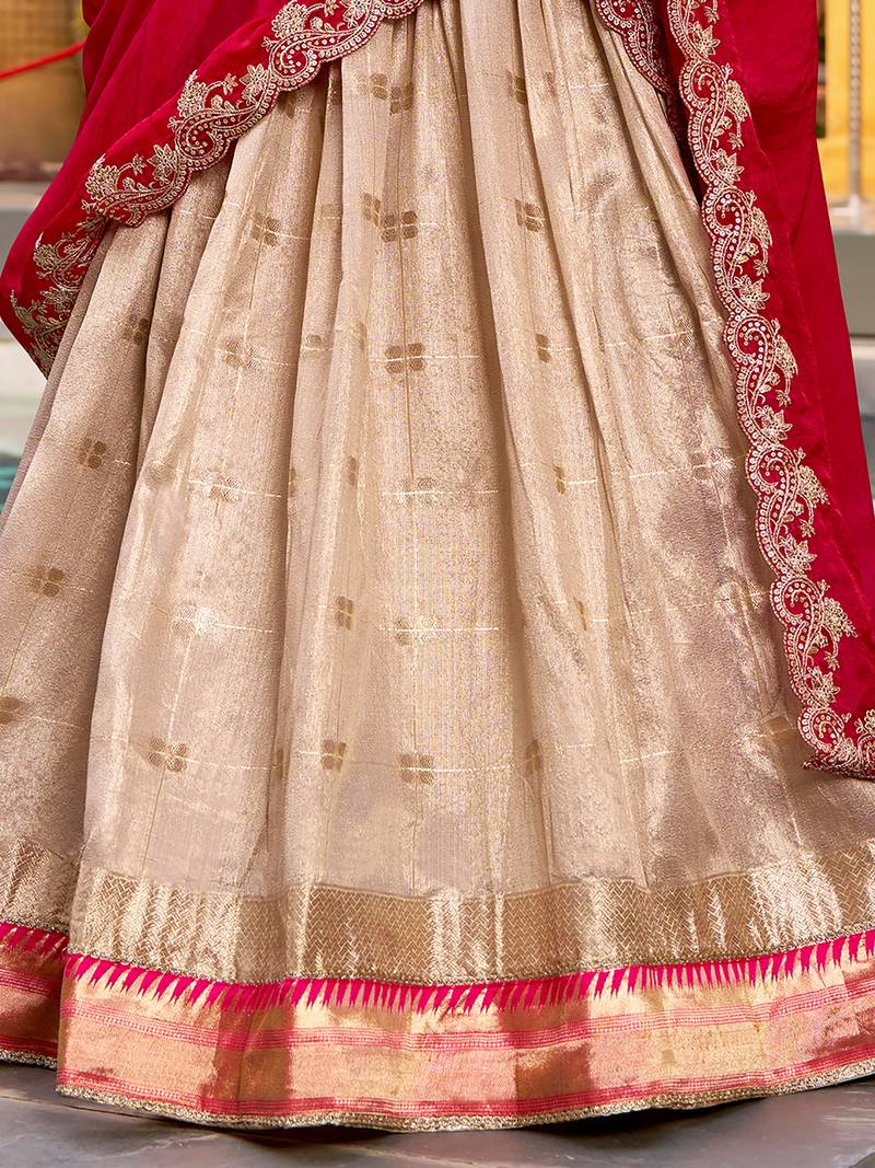 Fashionable Cream Zari Weaving Silk Wedding Wear Lehenga Choli
