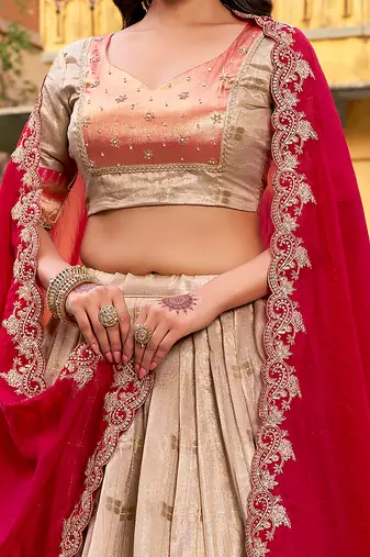 Cream Zari Weaving Silk Wedding Wear Lehenga Choli