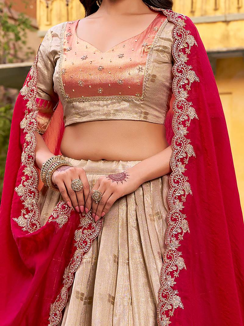 Fashionable Cream Zari Weaving Silk Wedding Wear Lehenga Choli