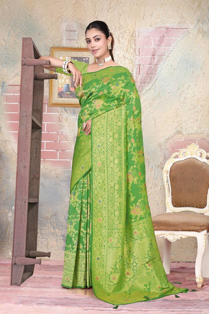 Mehendi Green Satin silk blend Saree with Gold Zari & Meena Floral Work 