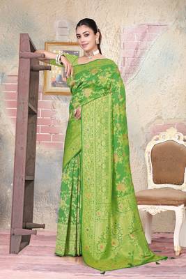 Mehendi Green Satin silk blend Saree with Gold Zari & Meena Floral Work  1