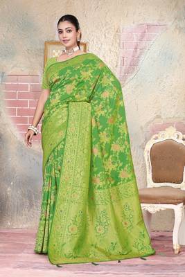 Mehendi Green Satin silk blend Saree with Gold Zari & Meena Floral Work  2