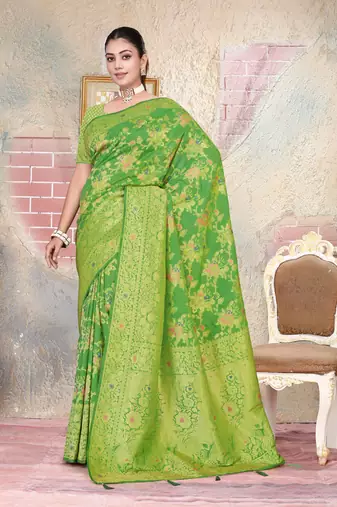 Mehendi Green Satin silk blend Saree with Gold Zari & Meena Floral Work 