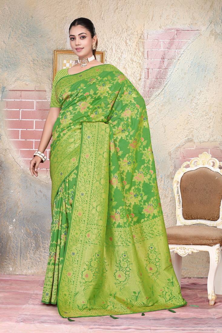 Mehendi Green Satin silk blend Saree with Gold Zari & Meena Floral Work 