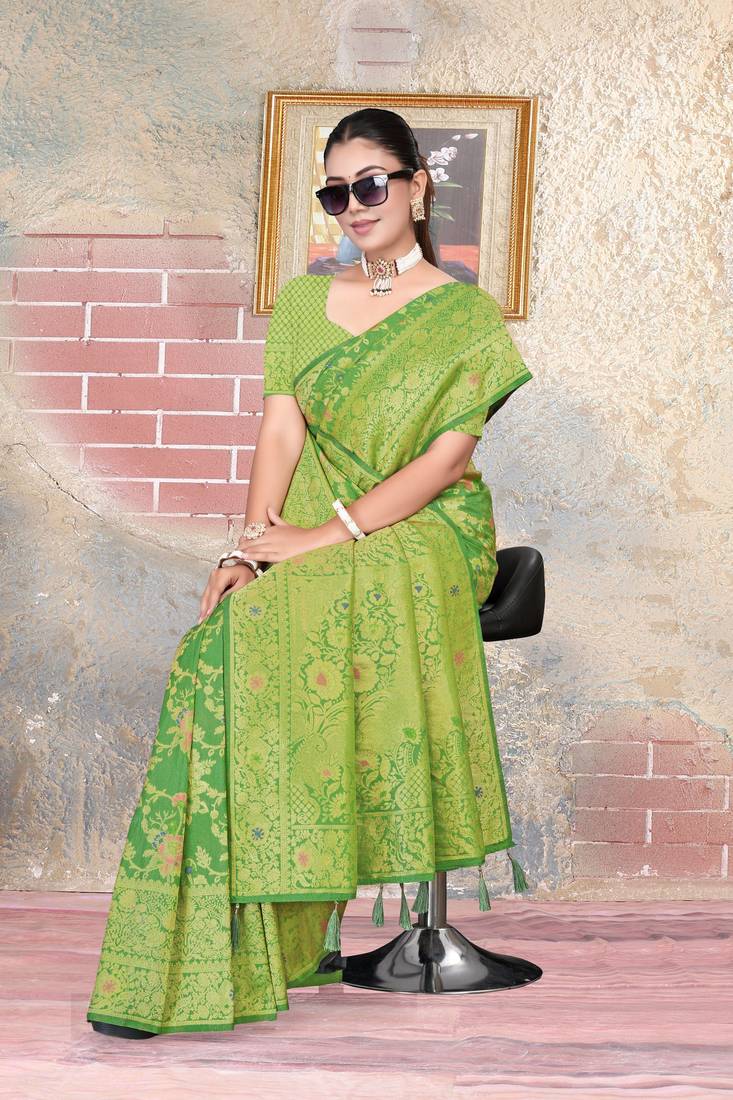 Mehendi Green Satin silk blend Saree with Gold Zari & Meena Floral Work 