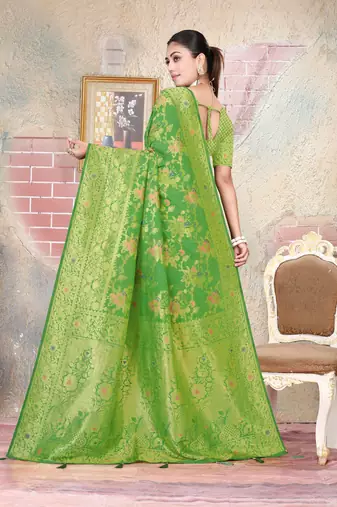 Mehendi Green Satin silk blend Saree with Gold Zari & Meena Floral Work 