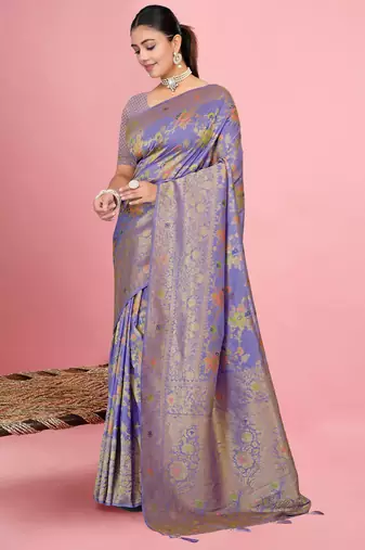 Lavender Satin silk blend Saree with Copper Zari Meena Floral Work 