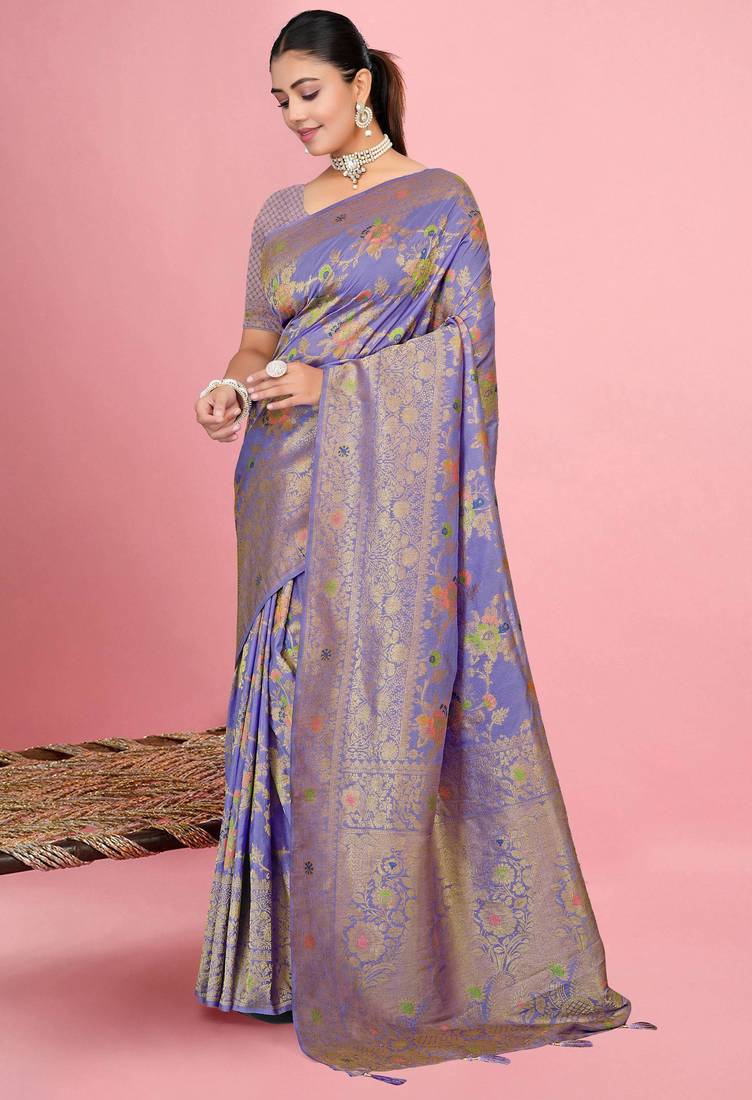 Lavender Satin silk blend Saree with Copper Zari Meena Floral Work 