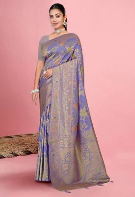 Lavender Satin silk blend Saree with Copper Zari Meena Floral Work  3