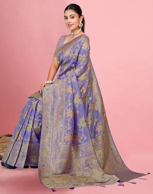 Lavender Satin silk blend Saree with Copper Zari Meena Floral Work  4