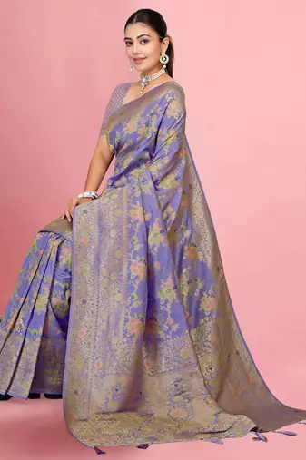 Lavender Satin silk blend Saree with Copper Zari Meena Floral Work 