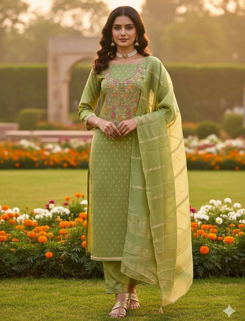 Green color beautiful shimmer jacquard fabric ethnic partywear salwar kameez