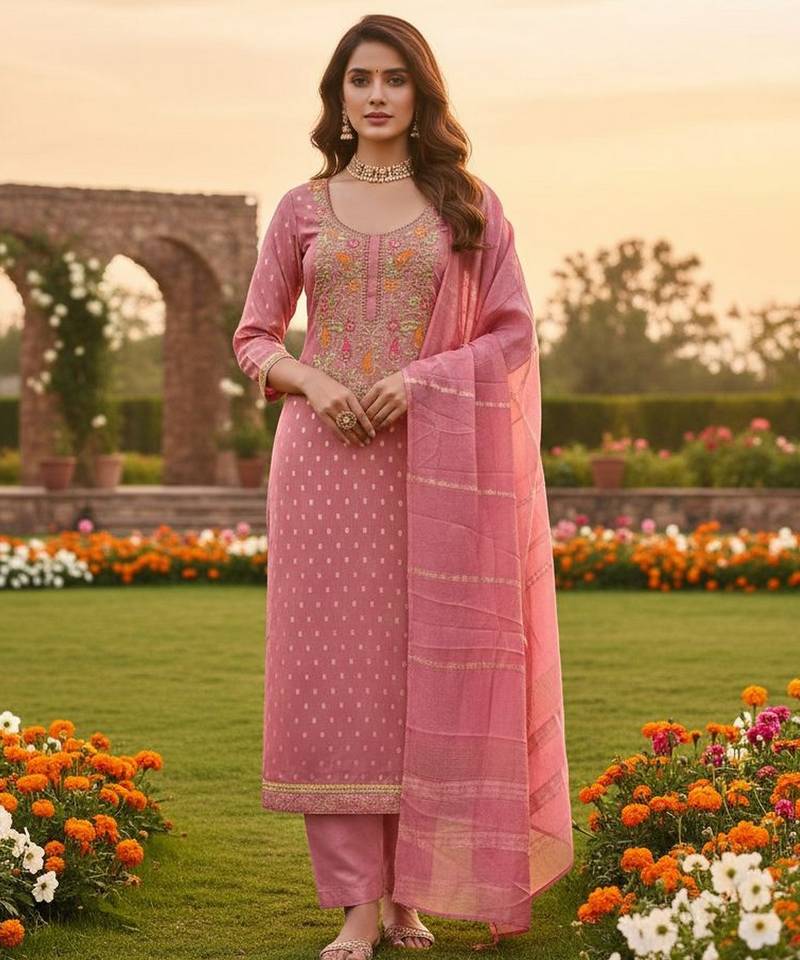 Pink color beautiful shimmer jacquard fabric ethnic partywear salwar kameez