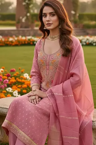Pink color beautiful shimmer jacquard fabric ethnic partywear salwar kameez