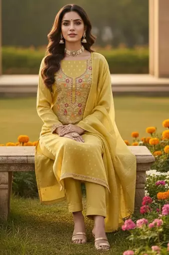 Yellow color beautiful shimmer jacquard fabric ethnic partywear salwar kameez