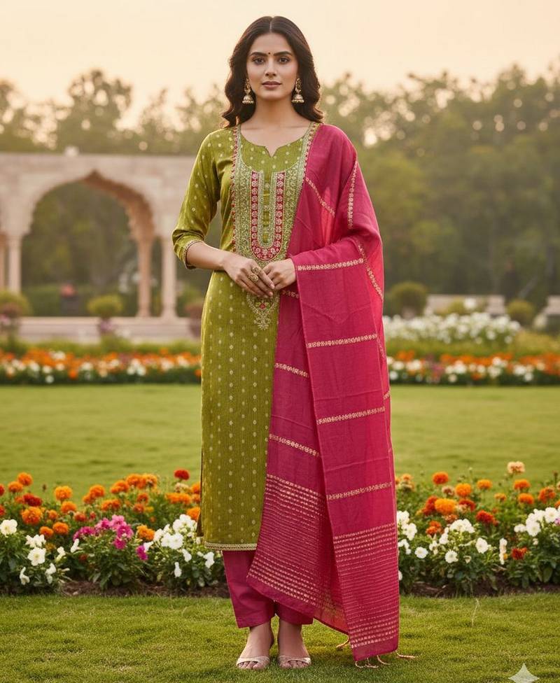 Green color beautiful shimmer jacquard fabric ethnic partywear salwar kameez
