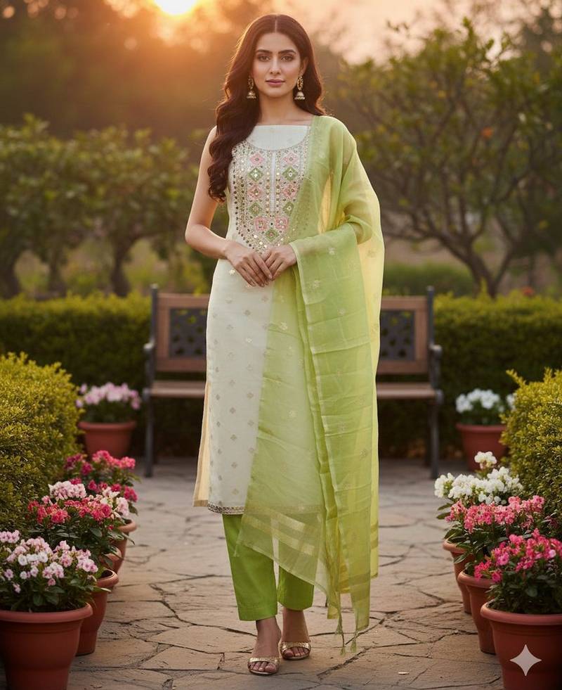 Off white color beautiful shimmer jacquard fabric ethnic partywear salwar kameez