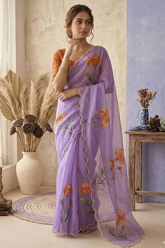 Lavender Color digital prints flower and hand cutdana work Silk Blend Saree