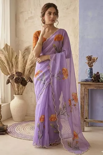 Lavender Color digital prints flower and hand cutdana work Silk Blend Saree