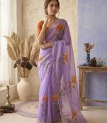 Lavender Color digital prints flower and hand cutdana work Silk Blend Saree