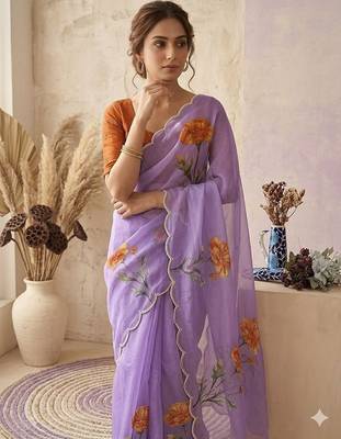 Lavender Color digital prints flower and hand cutdana work Silk Blend Saree 2
