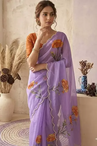 Lavender Color digital prints flower and hand cutdana work Silk Blend Saree